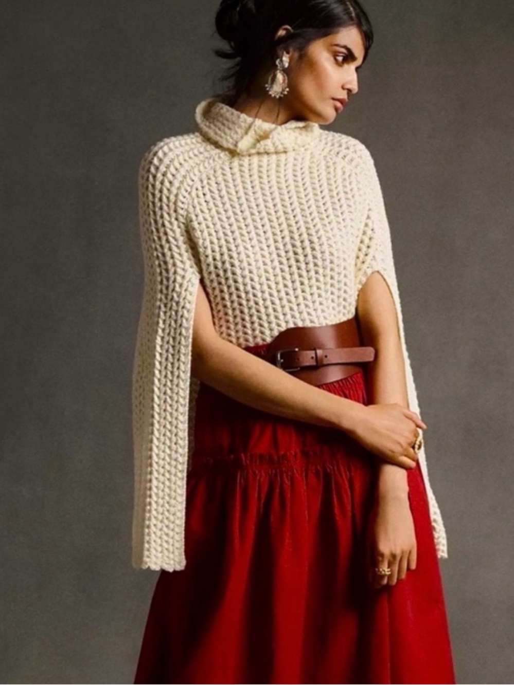 Anthropologie Cream Knit Crochet PullOver Poncho Cape